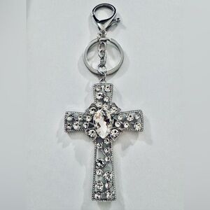 Clear Rhinestones Cross Handbag Charm NIP Christian Faith Silver Tone Keychain